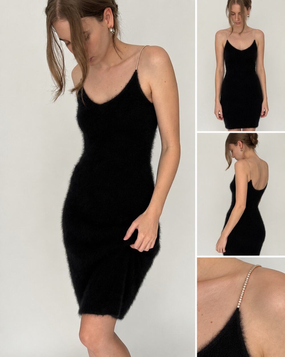 Ralph Lauren Vtg Angora Rabbit Hair Rhinestone Strap Fuzzy Mini Dress Black L